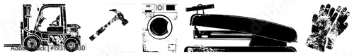 Forklift, hammer, washing machine, stapler, work gloves gritty vector, industrial and office essentials, distressed texture, silhouette.