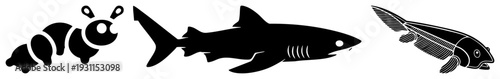 Vector cutout segmented caterpillar, sleek shark, and detailed fish skeleton. Flat graphic style, isolated design elements for UI or print.