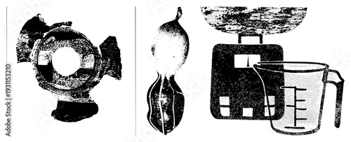 Retro kitchen scale with digital display, glass measuring jug with markings, halftone texture, cooking tools, food preparation equipment.