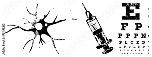 Neuroscience with dendrites, medical injection tool, vision testing chart, brain cell, eye exam graphic, black ink illustration, medical education asset.