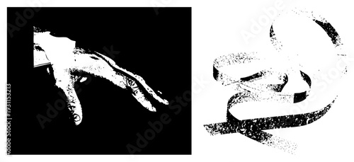 High contrast halftone hand gesture, abstract ribbon swirl, vector art, graphic design element, isolated silhouette, gestural motion, artistic composition.