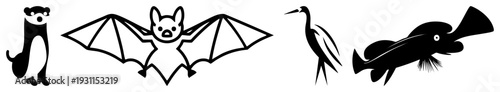 Cartoon bat, weasel, heron, and fish in clean style, isolated vector, flat design, animal cutouts, wildlife glyphs.