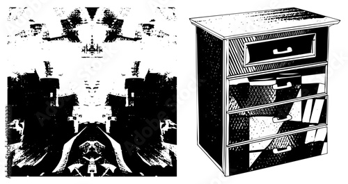 Mirror symmetrical halftone art with distorted forms, paired with a three drawer dresser in art style, isolated vector illustration, stylized interior design element.