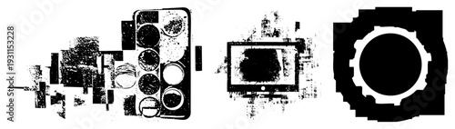 Industrial gear components, control panel interface, mechanical assembly, grunge texture overlay, technical schematic, black and white vector design, mechanical illustration.