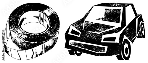Black and white vector graphic of a car and tire, halftone texture, bold, isolated objects, mechanical design, graphic art.