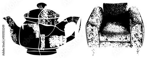 Black and white halftone teapot and armchair, stylized vector graphic, isolated furniture, dotted texture, minimalist home decor elements.