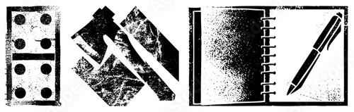 Classic tile with pips, broken glass, spiral bound notebook with pen, halftone texture, graphic design elements.