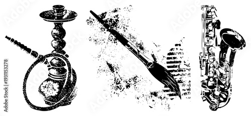 Ornate hookah, ink splattered brush, detailed saxophone halftone vector of creative tools & musical instrument.