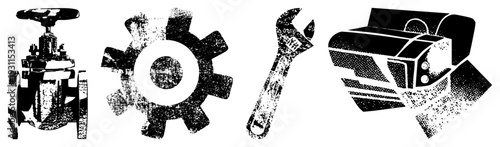 Mechanical rendered in halftone style valve, gear, wrench, printer industrial tools, machinery symbols, maintenance equipment, technical graphics.