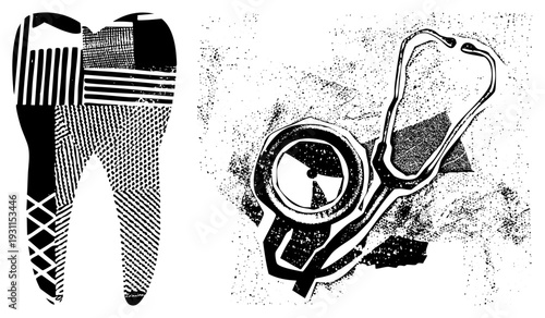 sectioned tooth with enamel dentin layers, stethoscope, dental mirror, halftone texture, medical illustration, dental hygiene tools.