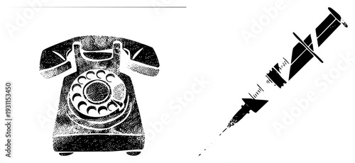 Classic rotary telephone and medical syringe, halftone vector graphic, communication and healthcare symbols, black and white illustration, medical equipment and retro tech.