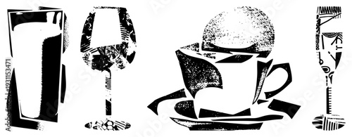 Four stylized drink vessels rendered in high contrast black and white, featuring halftone and fragmented geometric shapes, including a tumbler, wine glass, coffee cup, and champagne flute.