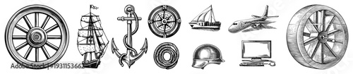 Maritime symbols including ship, anchor, and compass, paired with airplane and retro computer, engraved art, vintage travel and tech motifs.