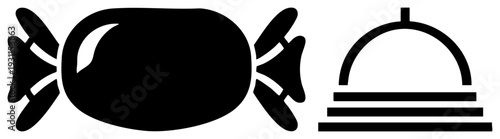 Flat vector of wrapped candy and food cloche, minimalist design, dessert symbol, sweet treat, restaurant service, food presentation.