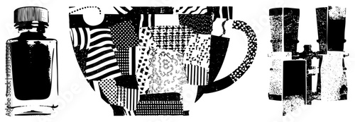 Vector art collage of ink bottle, mug, textured glasses bold halftone style,, artistic composition, graphic design elements.