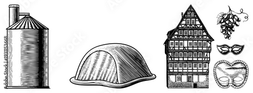 Classic rural silo, domed structure, German half timbered house, grape cluster, Venetian masks, engraved art, rustic festival symbols.