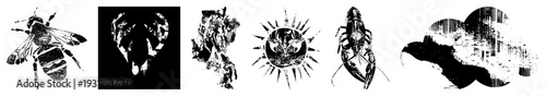 Black and white vector of bee, crab, warrior, sun eyed cat, crayfish, and rat with halftone textures, isolated cutout designs for graphic use.