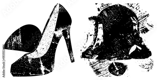 Fashion accessories duo featuring stiletto heel shoe and top hat, halftone style, retro graphic design, bold silhouette art, isolated vector elements.