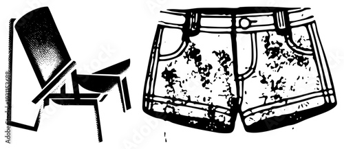 Retro lounge chair with slatted back, distressed denim shorts with paint splatter, halftone style, black and white vector, summer vacation vibe.