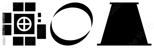 Black and white vector featuring grid,, and trapezoid forms, modern graphic elements, digital art composition, flat design symbols.