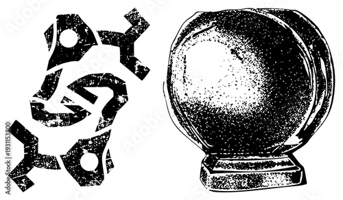 Fragmented abstract shapes with distressed texture, vintage glass globe trophy, halftone shading, graphic design elements, stylized vector art.