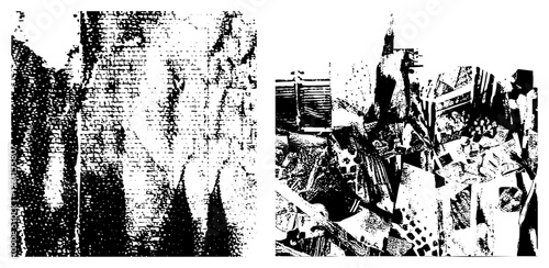 High contrast halftone urban scene, gritty brick wall texture, industrial machinery, abstract city elements, graphic design, vector art style.