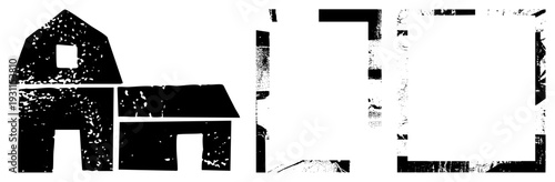 Graphic of barn structures and rectangular frames, distressed black silhouettes, rustic design, vector art with noise texture, farm or framing motif.