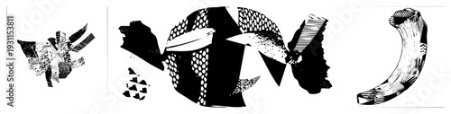 Stylized fish forms composed of fragmented shapes, halftone textures, and bold black and white contrasts, ideal for graphic design, posters, or digital art.