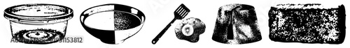 Vector halftone illustrations of kitchenware container, bowl, spatula, hat, loaf., textured, graphic design elements.