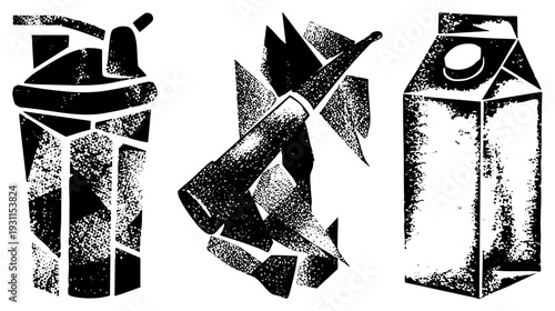 Black and white halftone vector of spray can,, and milk carton, graphic design elements, urban art, retro stencil style, isolated foreground objects.