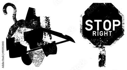 Grungy black stop sign with “STOP RIGHT” text, paired with stylized silhouette, vector art, urban street theme, gritty texture.