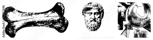 Vintage halftone illustrations of bone, philosopher bust, soccer ball isolated vector art, black and white, graphic design elements, historical and sports motifs.