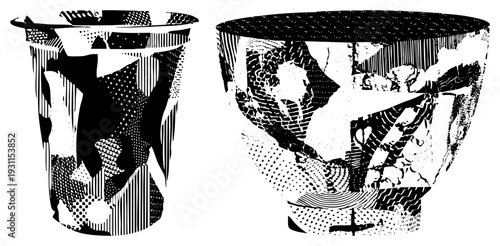 Broken with stylized halftone fills, ceramic artifacts, ancient vessel fragments, graphic design elements, vector art, black and white, archaeological motifs.