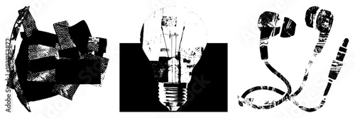 Graphic symbols of innovation lightbulb, earphones,, rendered in gritty halftone, tech aesthetic, isolated vector elements, digital art.