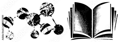 Open book with halftone shading, connected circular nodes, abstract knowledge network, educational concept, digital learning visual.