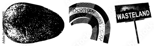 Grunge style vector elements speckled rock, fractured archway, desolate sign. Urban decay motifs, halftone textures, gritty design for dystopian or retro aesthetics.