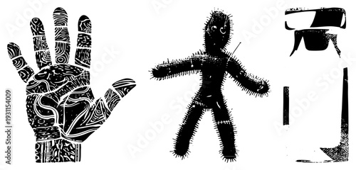 Hand with swirling, voodoo doll with, bottle with cap, all in high contrast vector art. Artistic motifs, symbolic, stylized figures.