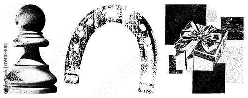 Vintage halftone illustrations of chess pawn, horseshoe, and gift box with bow. Retro print style, isolated elements, symbolic objects, vector art.