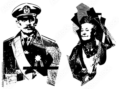 Classic black and white halftone portraits of a naval officer and aristocratic woman, stylized vector art, historical fashion, illustration.