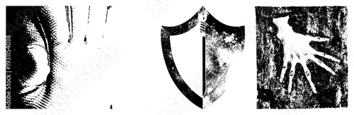 Vintage halftone prints of eye, shield, and hand,, gritty texture, graphic design elements, retro aesthetic, symbolic.