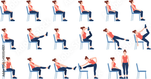 Chair yoga exercise illustration set showing seated stretches flexibility workout poses home fitness physiotherapy flat vector design