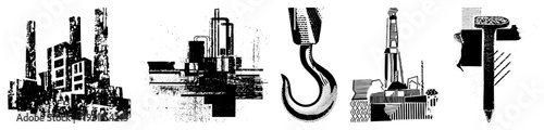 Factory buildings, chemical plant, crane hook, oil rig, nail stylized industrial, halftone textures, vector art, mechanical elements, construction tools.