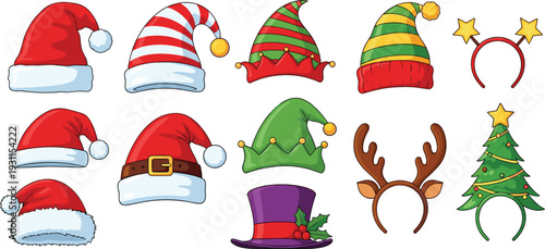 Christmas hats illustration set, santa elf reindeer headwear, festive holiday accessories collection, cartoon winter costume design elements