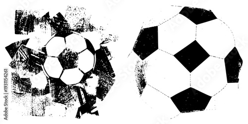 Football rendered in bold black and white, featuring pentagonal and hexagonal panels, distressed texture, clean dashed, sports, isolated vector graphic.