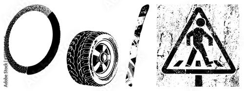 Black and white halftone vector art showing tire tread, striped barrier, and warning sign, stylized with grainy texture, isolated foreground elements.