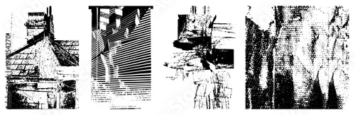 Bold geometric building, halftone textures, fragmented perspectives vector urban abstract architecture.