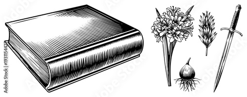 Ancient herbal medicine guide with detailed plant sketches, garlic bulb, sword, and studies, engraved style, lore, medieval apothecary.