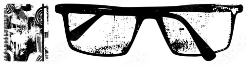 Vintage inspired eyewear with bold frames, gritty halftone print, graphic design, isolated vector cutout, aesthetic.