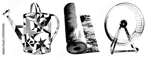 Black and white vector illustration of a watering can, textured roll, and drafting compass. Artistic halftone textures, isolated objects, design elements for creative projects.