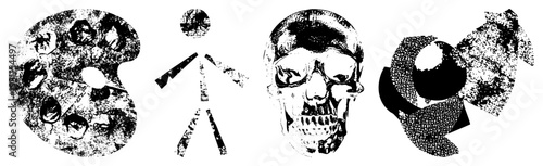 Artistic vector with distressed texture, painter’s palette, minimalist human, human skull, abstract torn forms, graphic design.